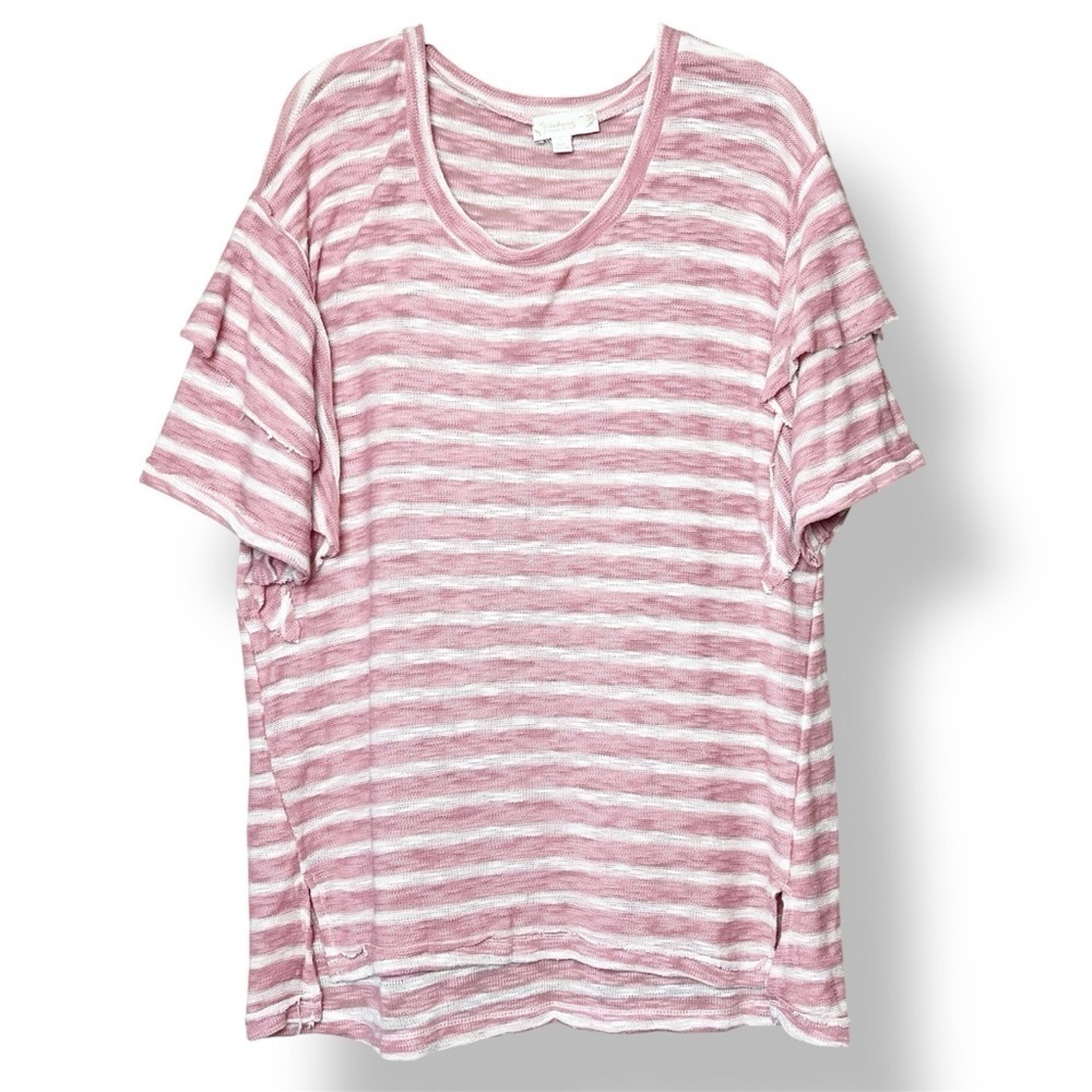 Suzanne Betro Weekend Casual Boho Top Large pink‎ stripe distressed ruffle sheer